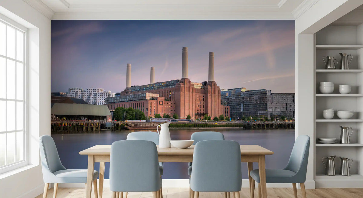 Industrial Riverside Sunset Scene Wall Mural