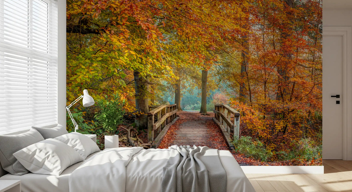 Misty Woodland Bridge Walkway Wall Mural