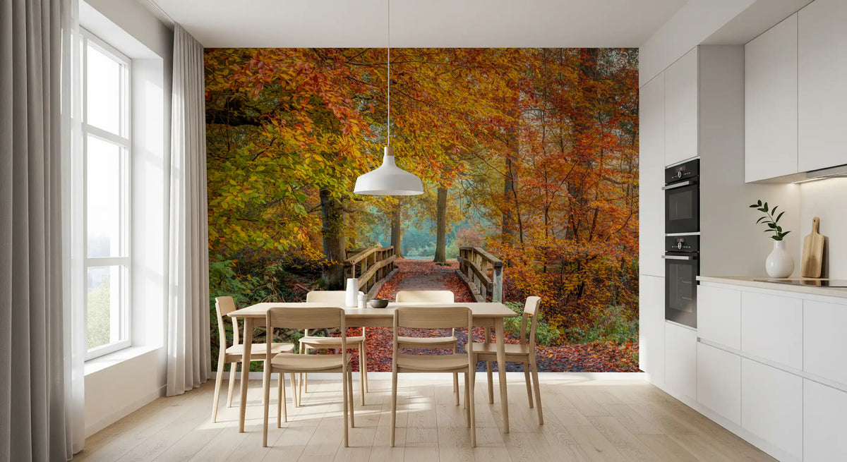 Misty Woodland Bridge Walkway Wall Mural