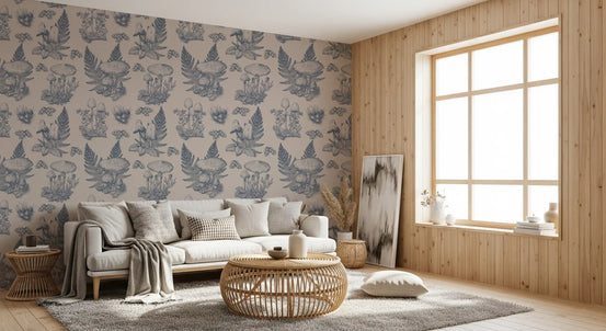 Mushroom - Autumnal Toile de jouy - Blue  Wallpaper⁠