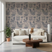 Mushroom - Autumnal Toile de jouy - Blue  Wallpaper⁠