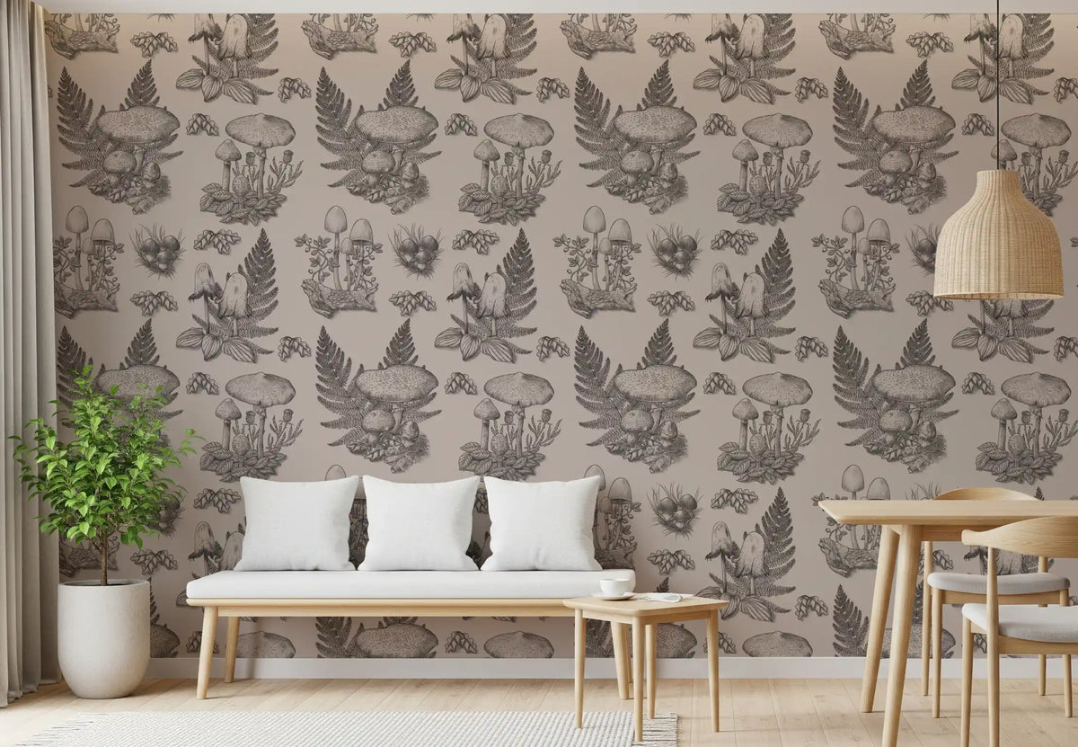Mushroom - Autumnal Toile de jouy - Sepia Wallpaper⁠