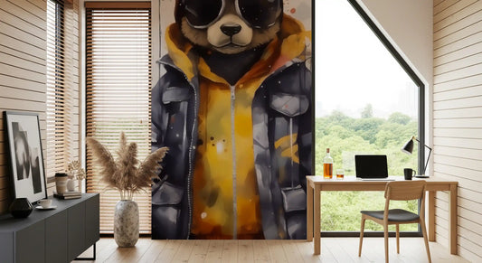 Tall watercolor bear mural beside a home office desk with a laptop and black sideboard GD13449