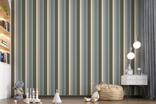 Sage and Charcoal Linear Scallop Stripes Wallpaper⁠