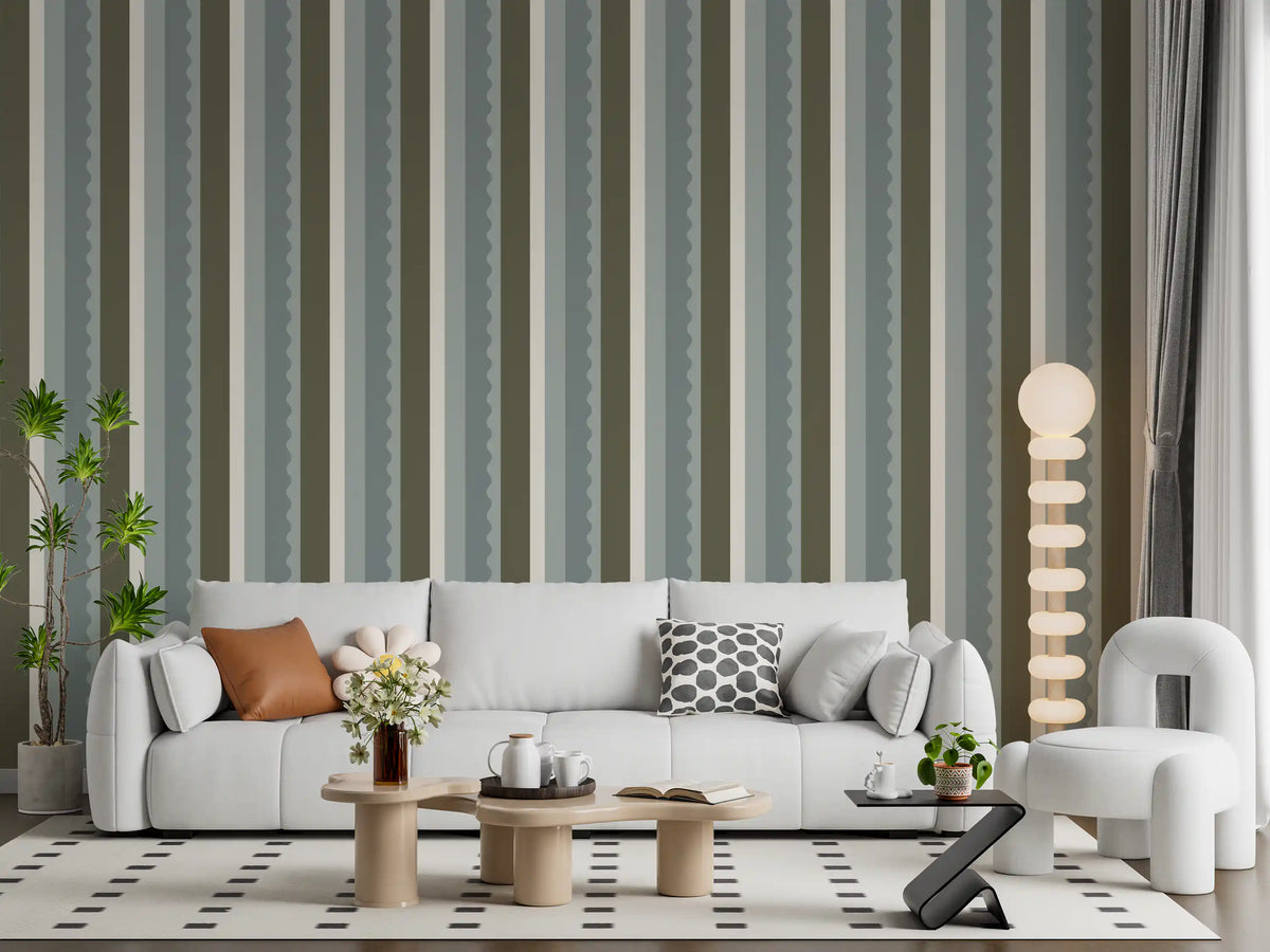 Sage and Charcoal Linear Scallop Stripes Wallpaper⁠