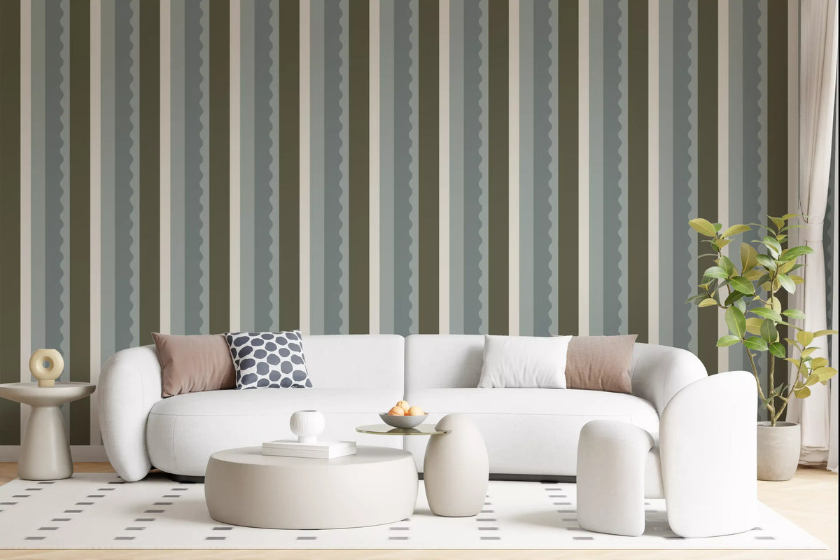 Sage and Charcoal Linear Scallop Stripes Wallpaper⁠