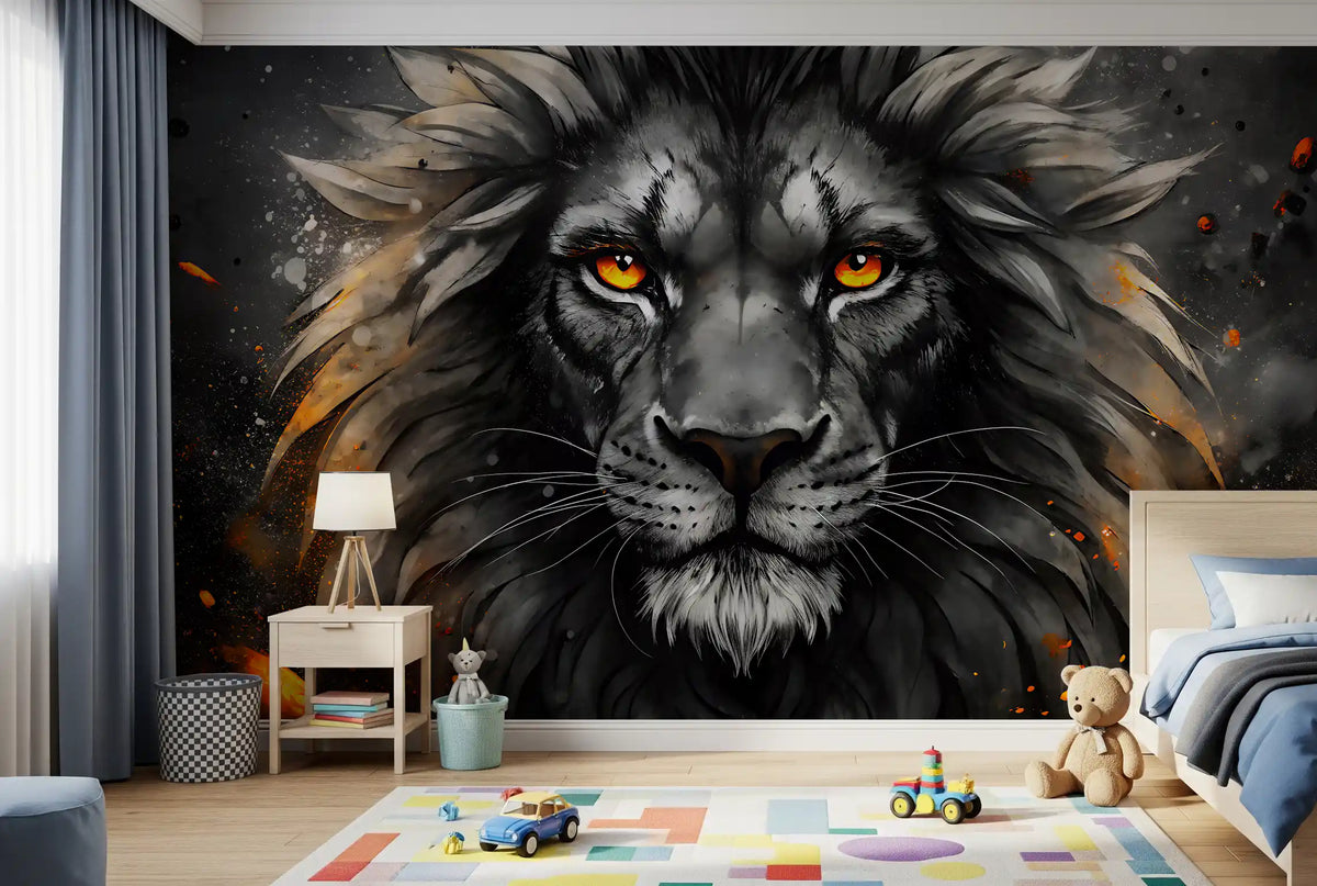 Lion wallpaper in a kids bedroom with toy cars, teddy bear and colorful play rug GD13452