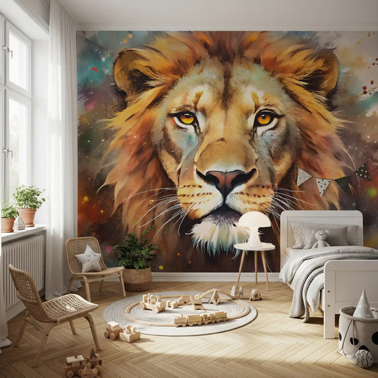 Majestic Lion Portrait with Vibrant Splatter Art Wall Mural