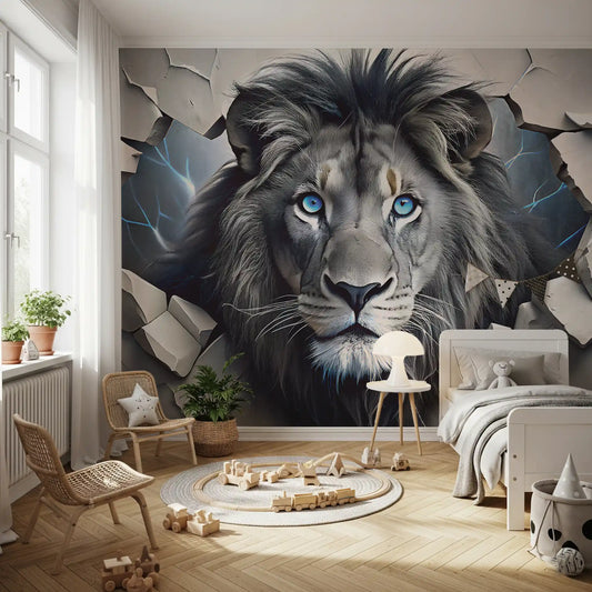 Fierce Lion Through Broken Concrete Wall Mural