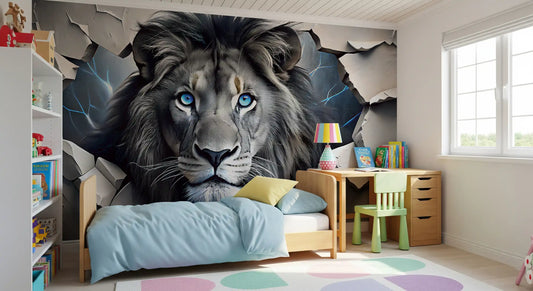 Fierce Lion Through Broken Concrete Wall Mural