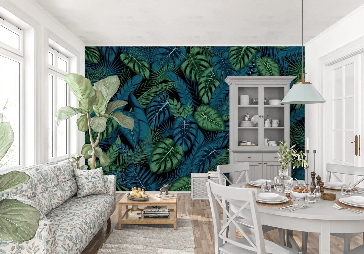 Jungle wallpaper behind a floral bench, white dining table and gray hutch GD13456