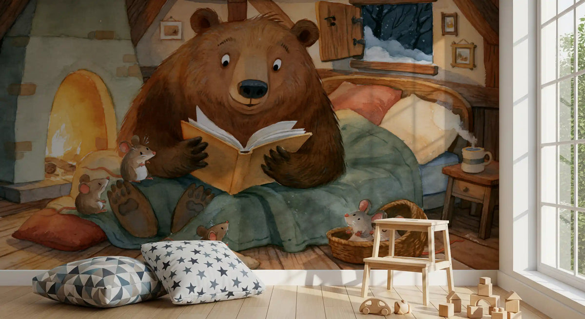 Woodland Friends Bear Fireside Story With Mice In A Winter Cabin Scene Wall Mural