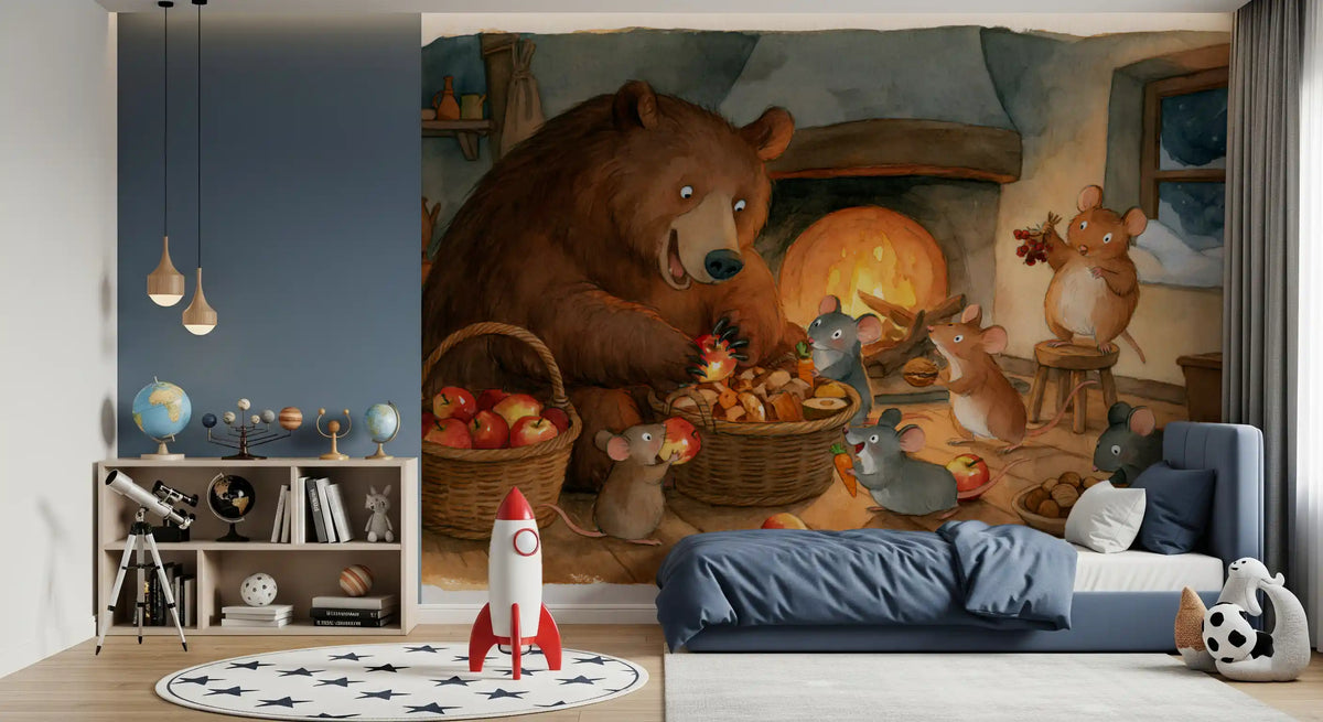 Bear wallpaper mural in a boys bedroom with navy bedding, a toy rocket and star rug GD13458