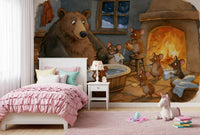 Woodland Friends Bear Bath Time With Mice In A Cozy Winter Cabin Scene Wall Mural