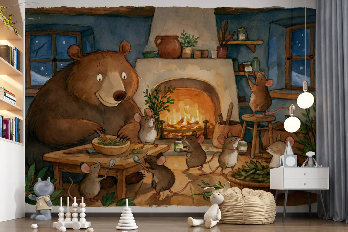 Bear wallpaper mural in a kids room with globe pendant lights, wooden toys and a basket GD13461