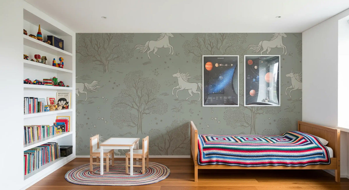 Unicorn wallpaper in a kids room with tall bookshelves, space posters and a striped blanket bed GD13462