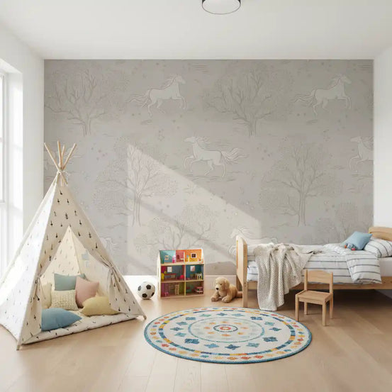 Grey unicorn wallpaper in a kids room with a white teepee tent, round rug and wooden bed GD13464