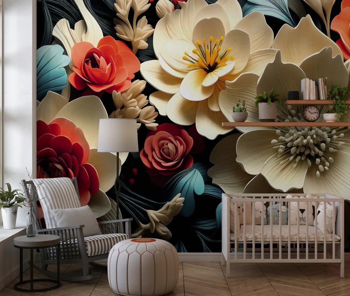 Dark floral wallpaper in a nursery with a white crib, grey rocking chair and round pouf GD13466