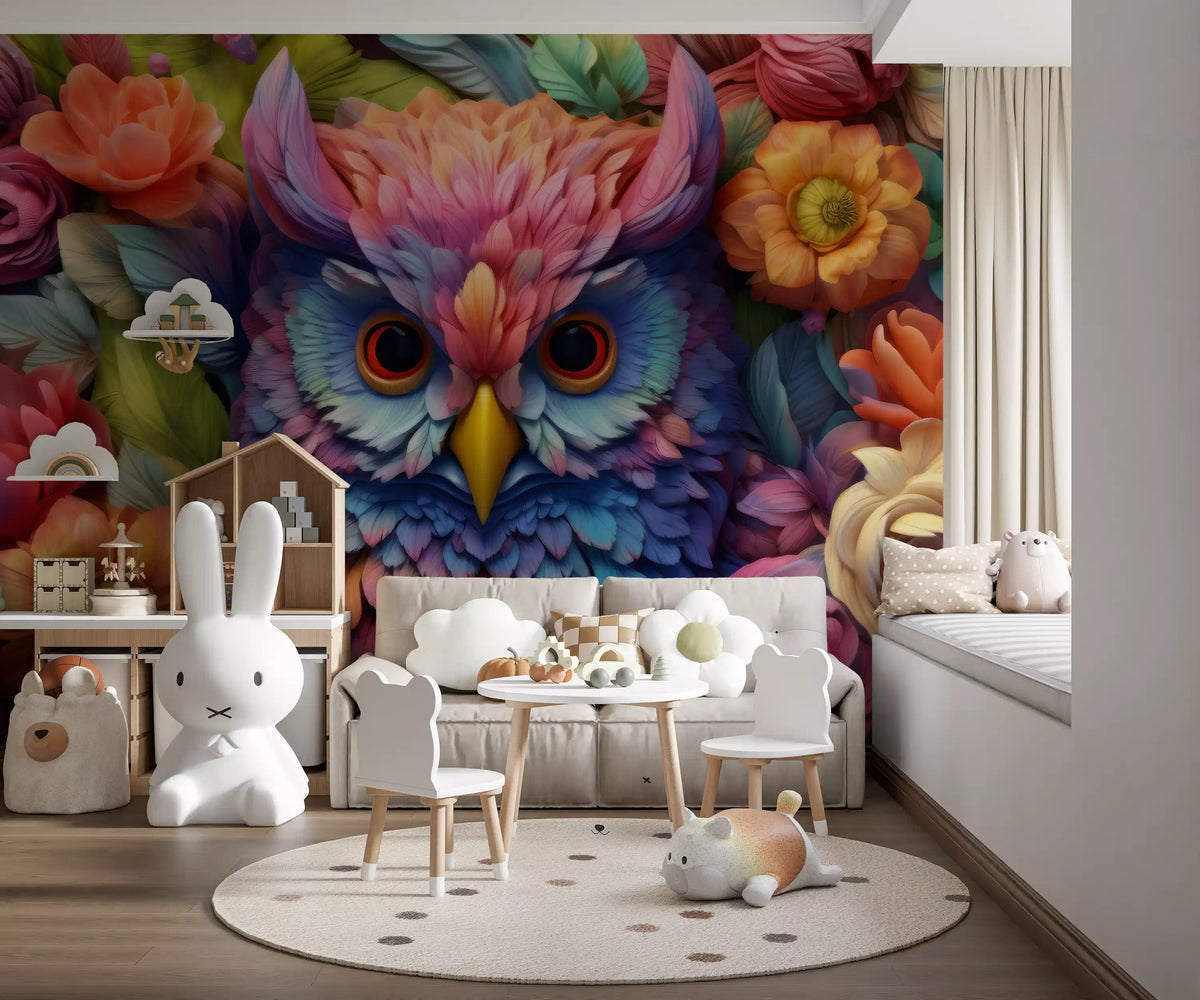Owl wallpaper in a kids playroom with a white bunny lamp, small table and chairs and round rug GD13467