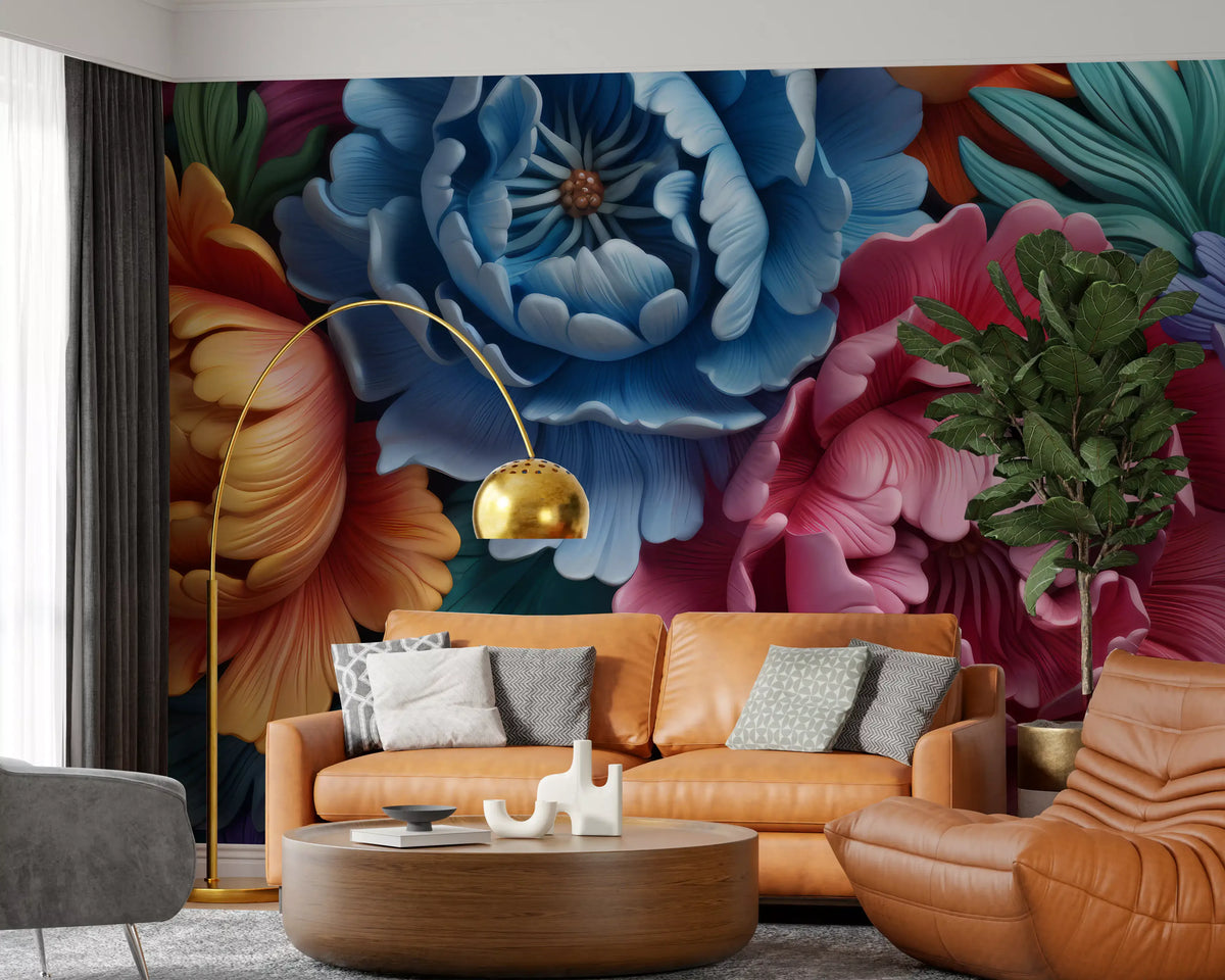 Peony wallpaper mural behind a tan leather sofa and gold arc floor lamp GD13477