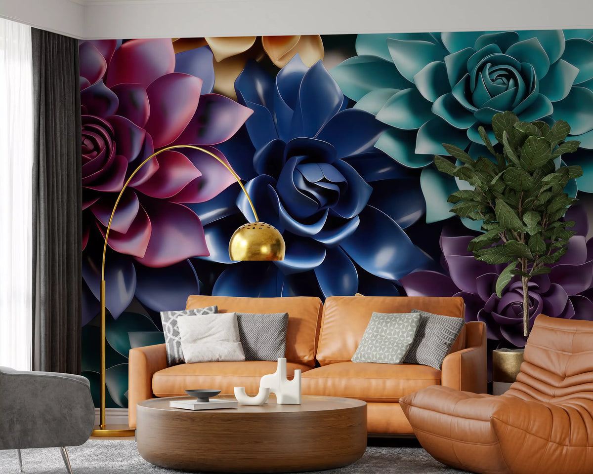 Succulent wallpaper mural behind a tan leather sofa with gold arc lamp and round wood table, GD13483