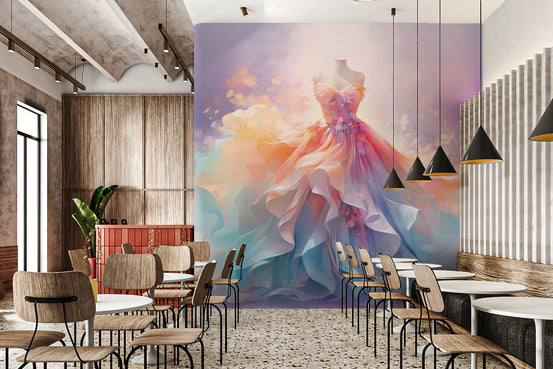 Cafe with wooden stools, round tables and cone pendants by a pastel dress wall mural GD13490