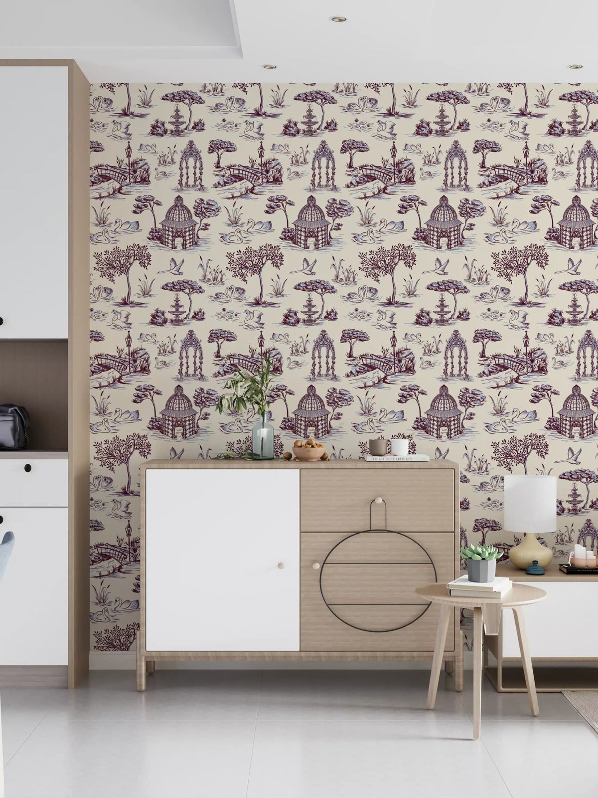 Modern Toile de Jouy Swan Victorian Garden Scenery - Unexpected Contrast Wallpaper⁠