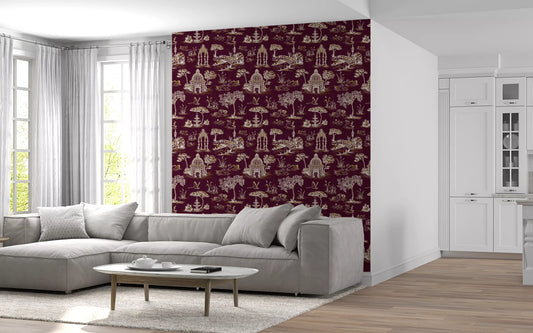 Modern Toile de Jouy Swan Victorian Garden Scenery - Royal Jewel Tone Wallpaper⁠