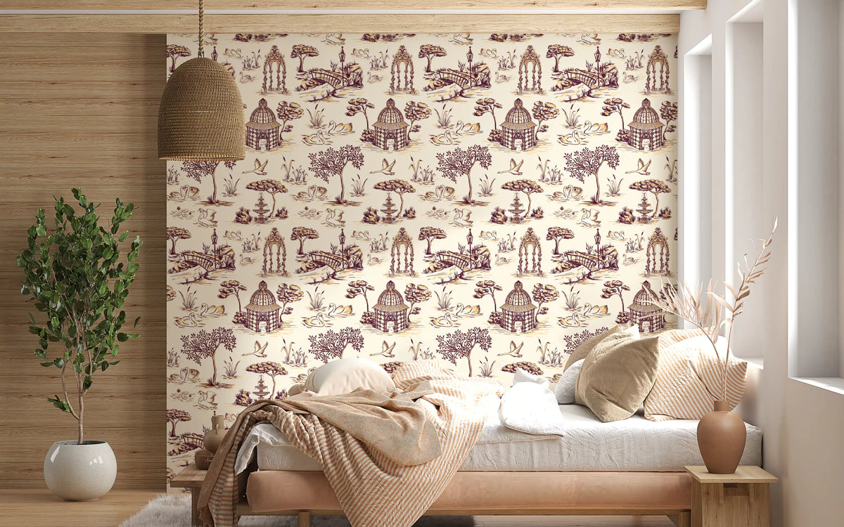 Modern Toile de Jouy Swan Victorian Garden Scenery - Rich Contrast Wallpaper⁠