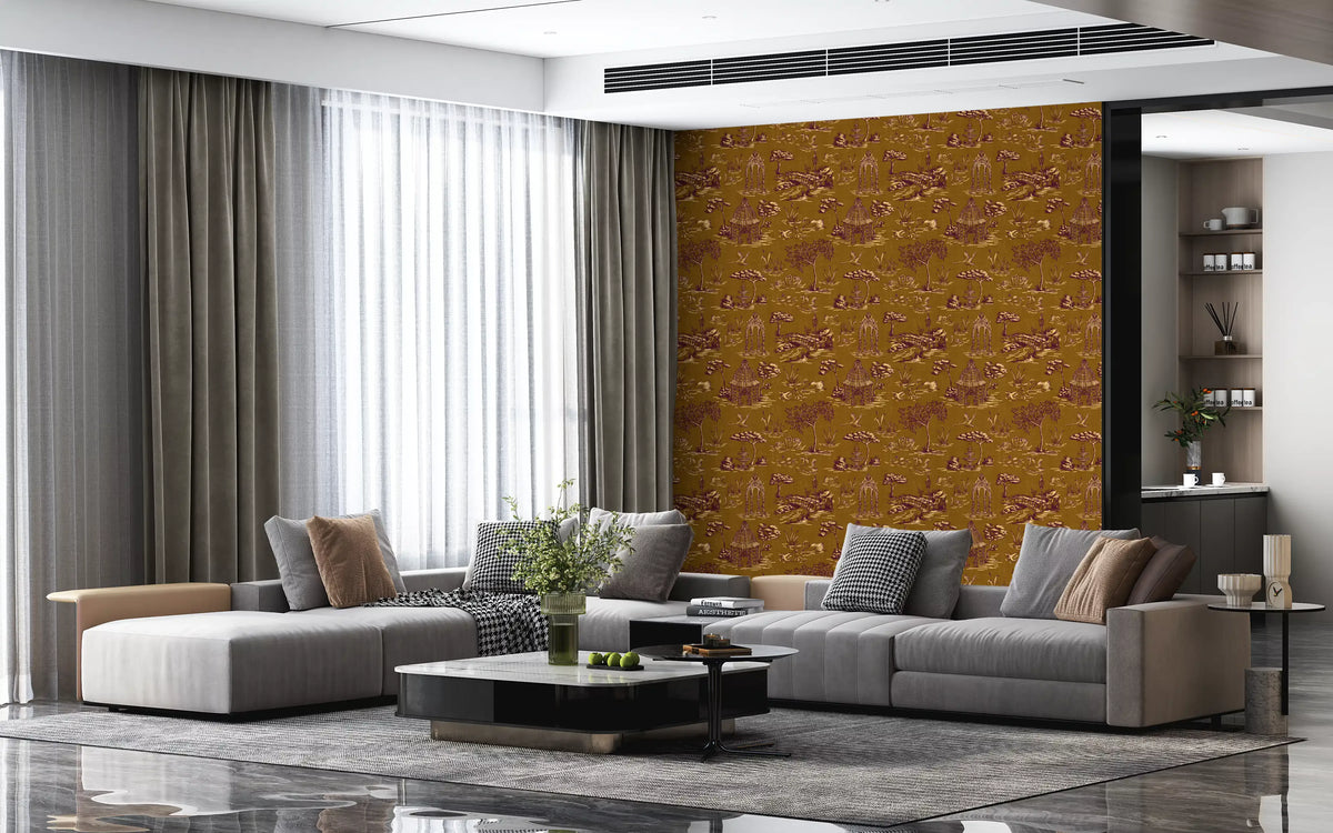 Living room with gray sectional and black coffee table by ochre toile wallpaper GD13502