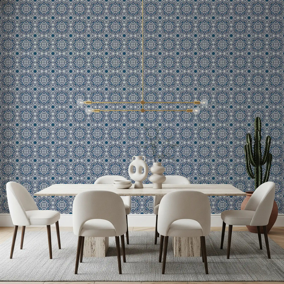 Dining room with white chairs, oval table and brass pendant by navy tile wallpaper GD13513