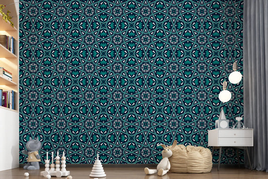 Midnight Teal Geometric Star Tile Wallpaper⁠