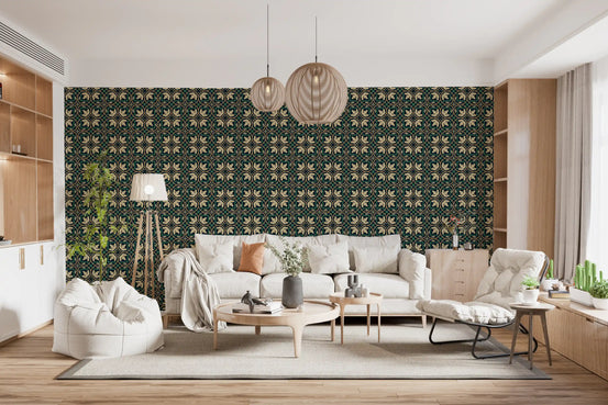 Midnight Botanical Geometric Grid Wallpaper⁠