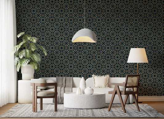 Living room with white sofa, cane chairs and round white table by geometric wallpaper GD13517