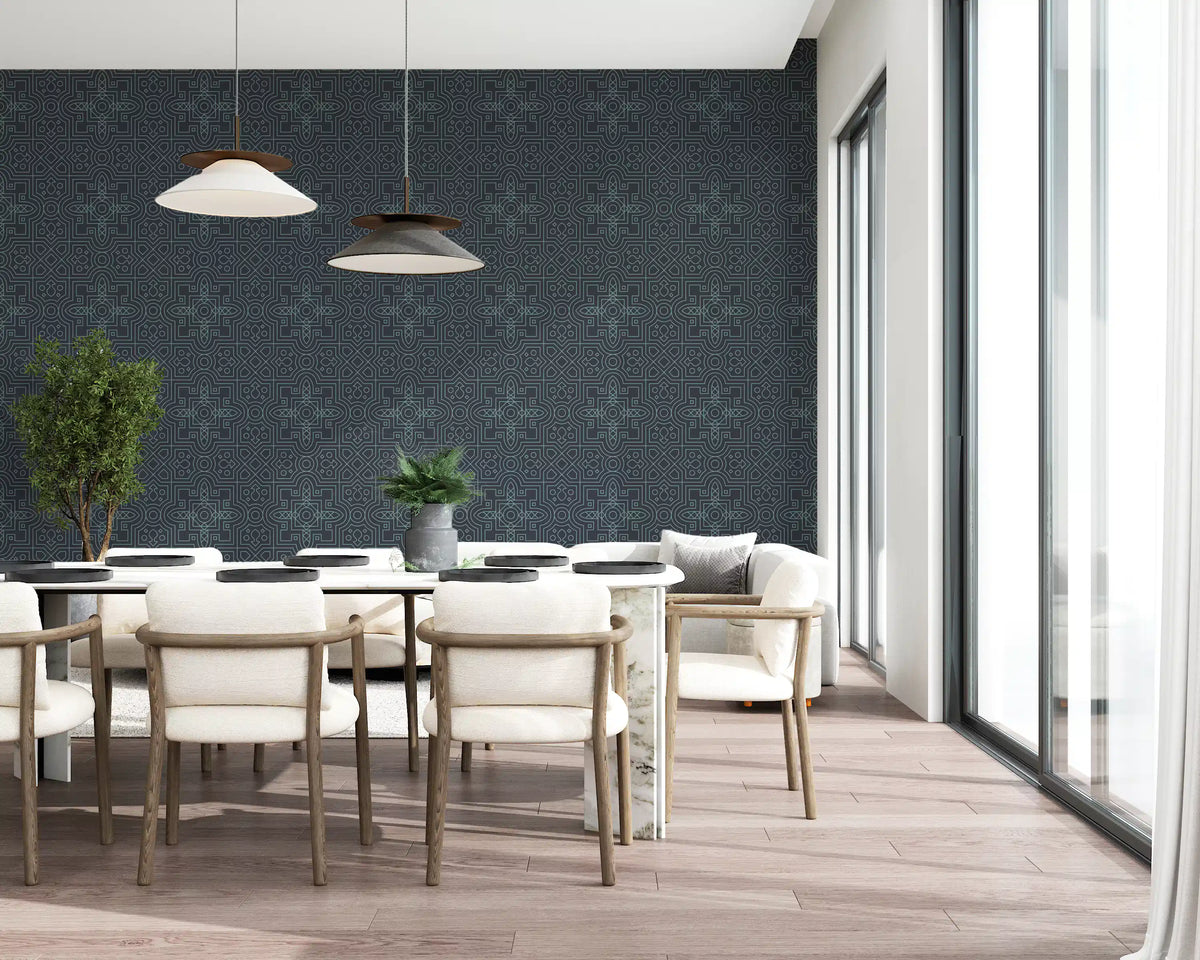 Dining room with long table, white chairs and pendants on slate geometric wallpaper GD13528