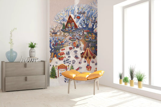 Kids wallpaper mural of a panda village beside a gray dresser and yellow petal chair GD13538