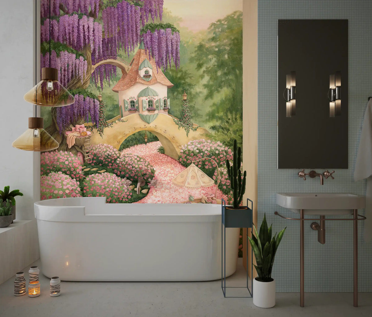Enchanted Wisteria Garden Cottage Wall Mural