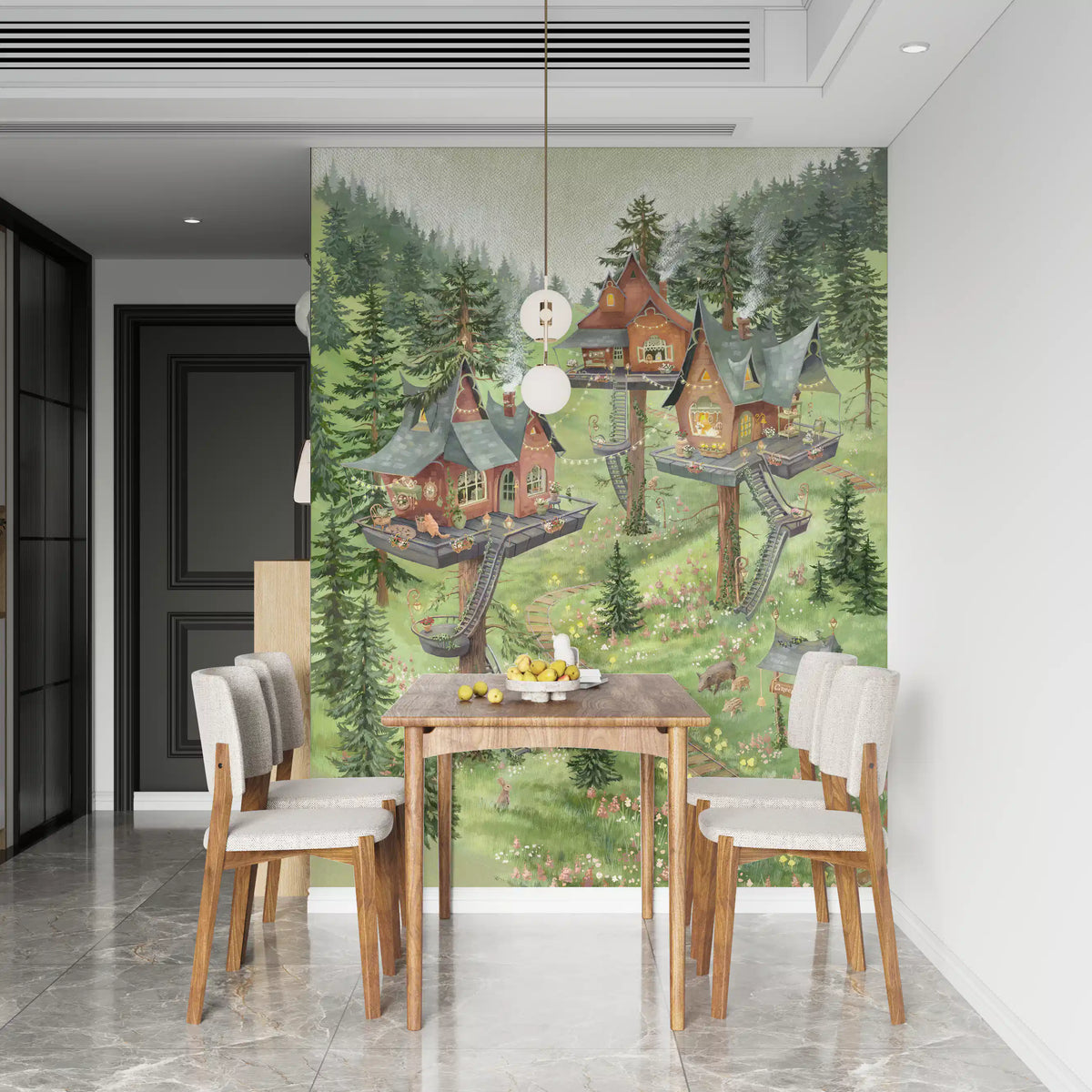 Forest wallpaper mural in a dining room with a wood table, white chairs and pendant light GD13540