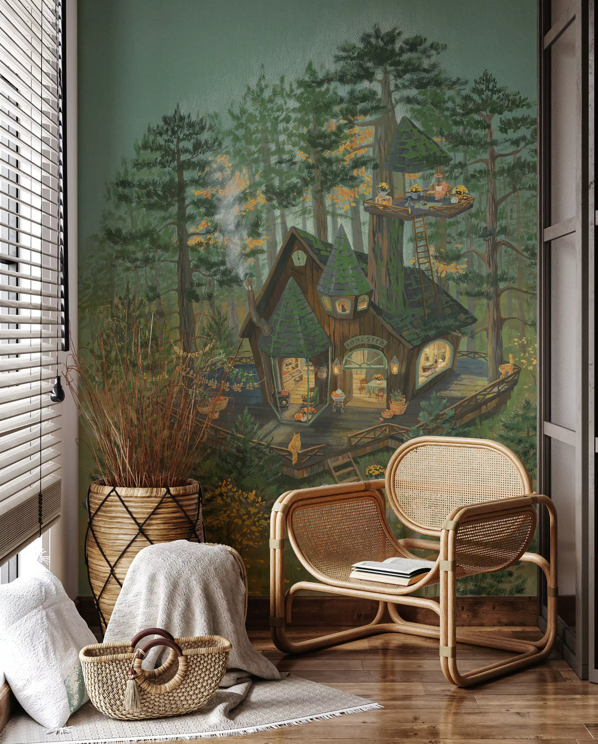 Forester's Woodland Retreat Illustration Wall Mural