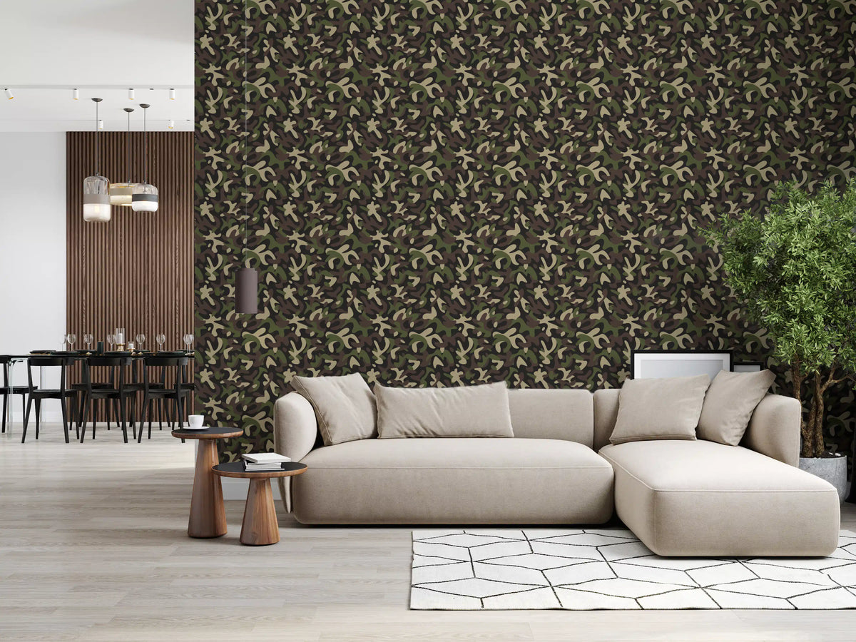 Woodland camo abstract wallpaper behind a beige sectional with a dining area beyond GD13570