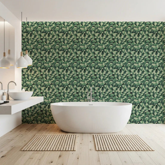 Bathroom with white freestanding tub and floating basin against green camo abstract wallpaper GD13573