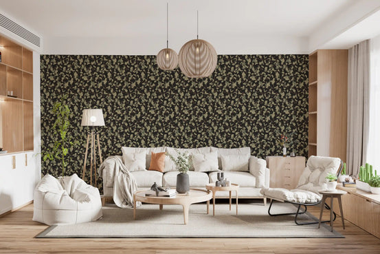 Living room with cream sofa, white bean bag and wood shelving on dark camo abstract wallpaper GD13574