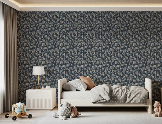 Kids map wallpaper behind a toddler bed with toy horse, plush toys and white nightstand GD13576