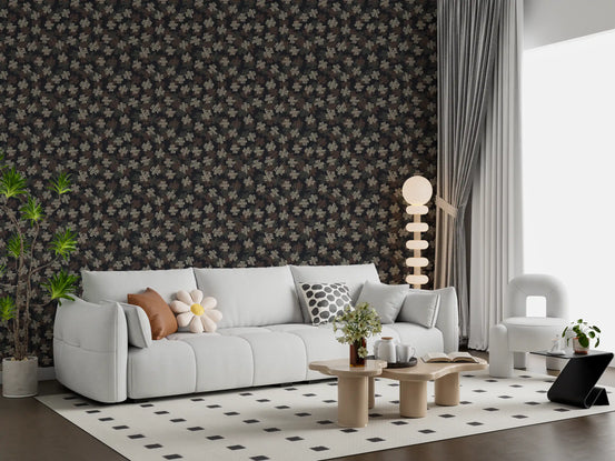 Botanical wallpaper behind a white sofa with daisy cushion and oak coffee table GD13577