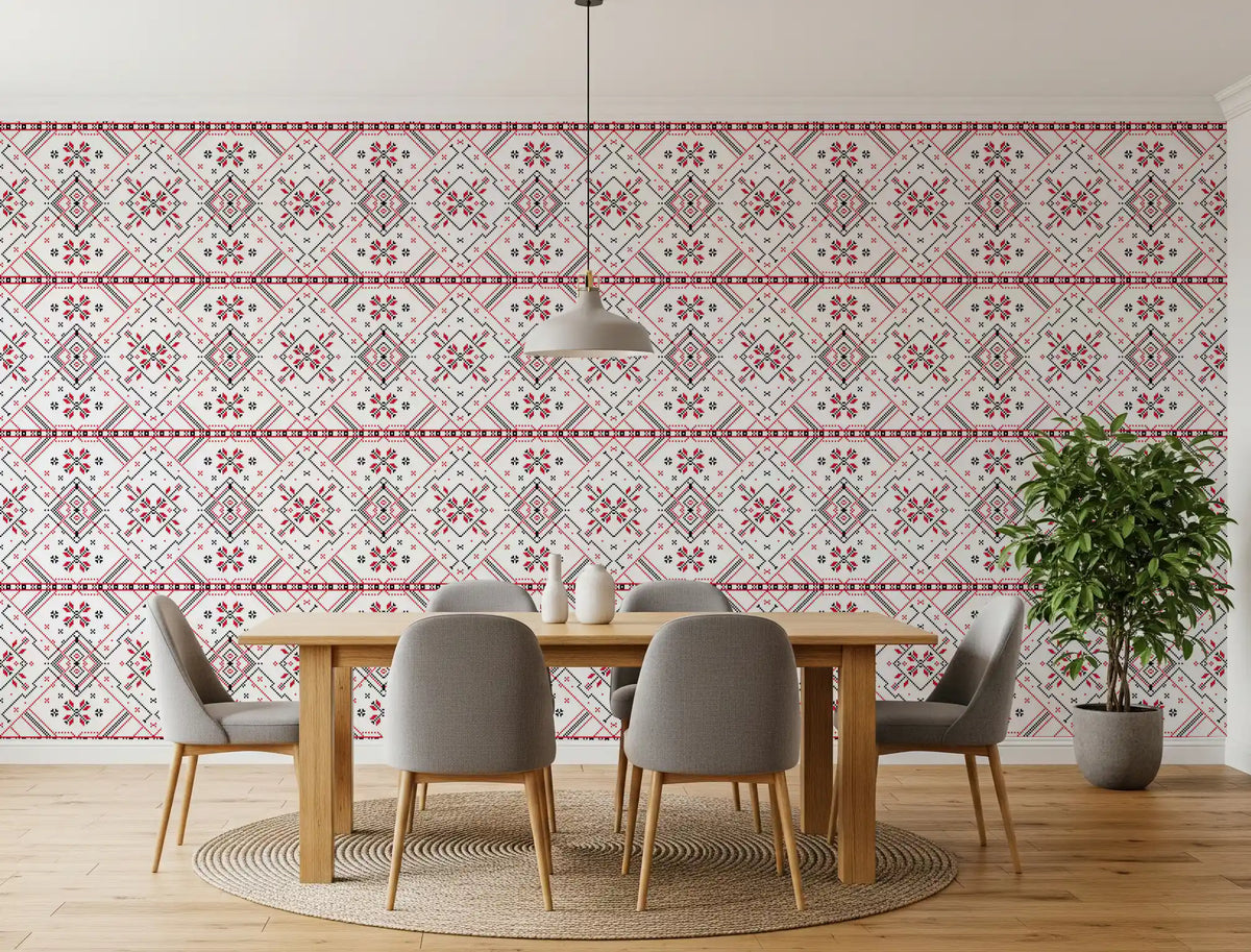 Folklore Geometric Cross-Stitch Pattern Wallpaper⁠
