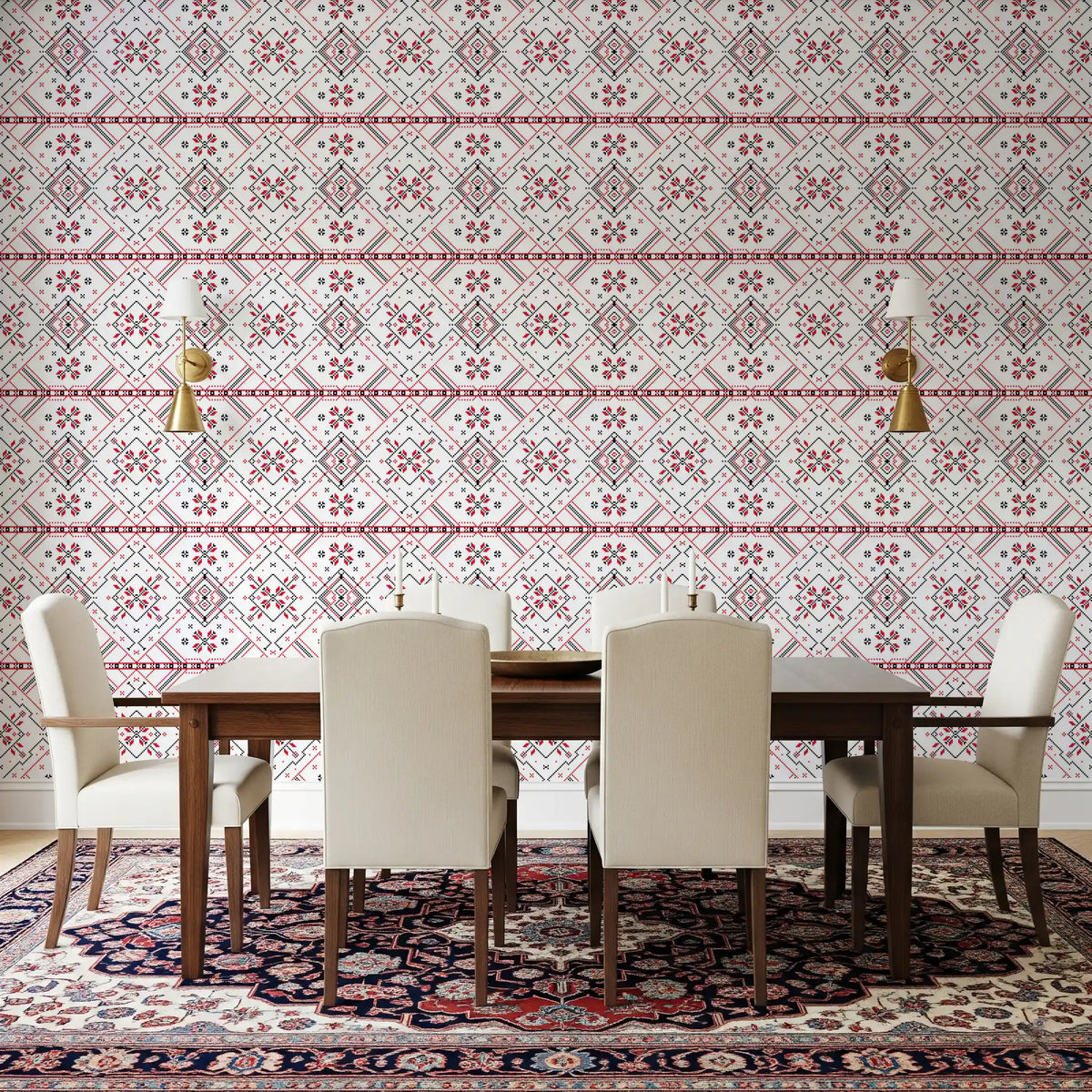Folklore Geometric Cross-Stitch Pattern Wallpaper⁠
