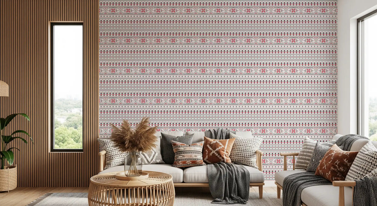 Geometric Folk Art Tile Pattern Wallpaper⁠