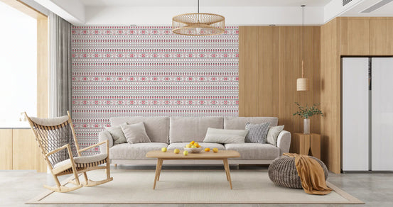 Rustic wallpaper behind a light gray sofa, rocking chair and wood coffee table GD13584