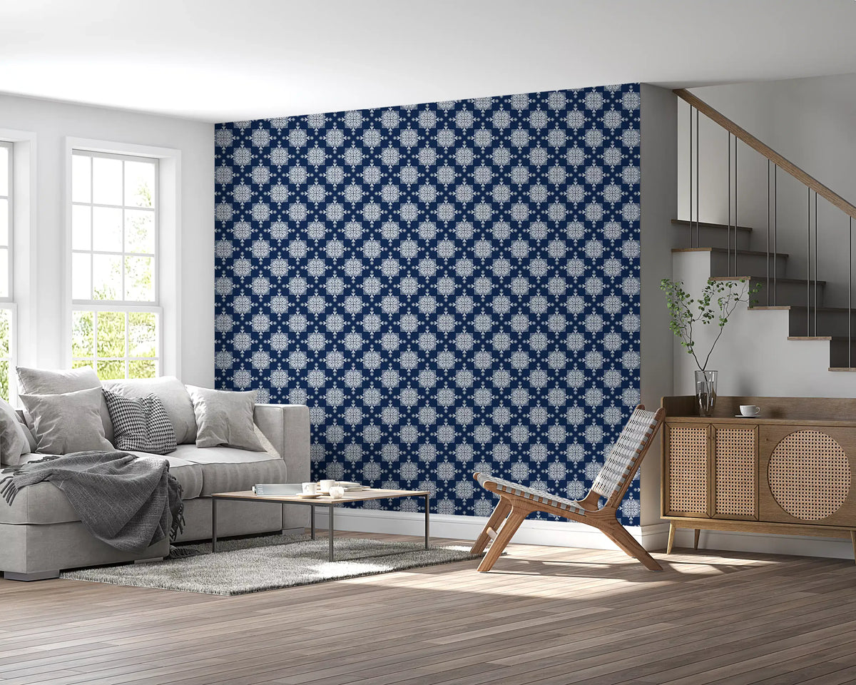 Indigo Cross-Stitch Tile Motif Wallpaper⁠