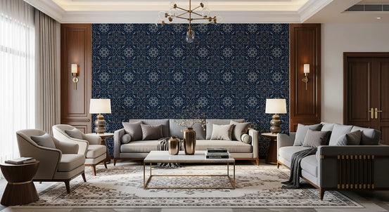 Classic living room with gray sofas, wood panels and midnight geometric wallpaper GD13592